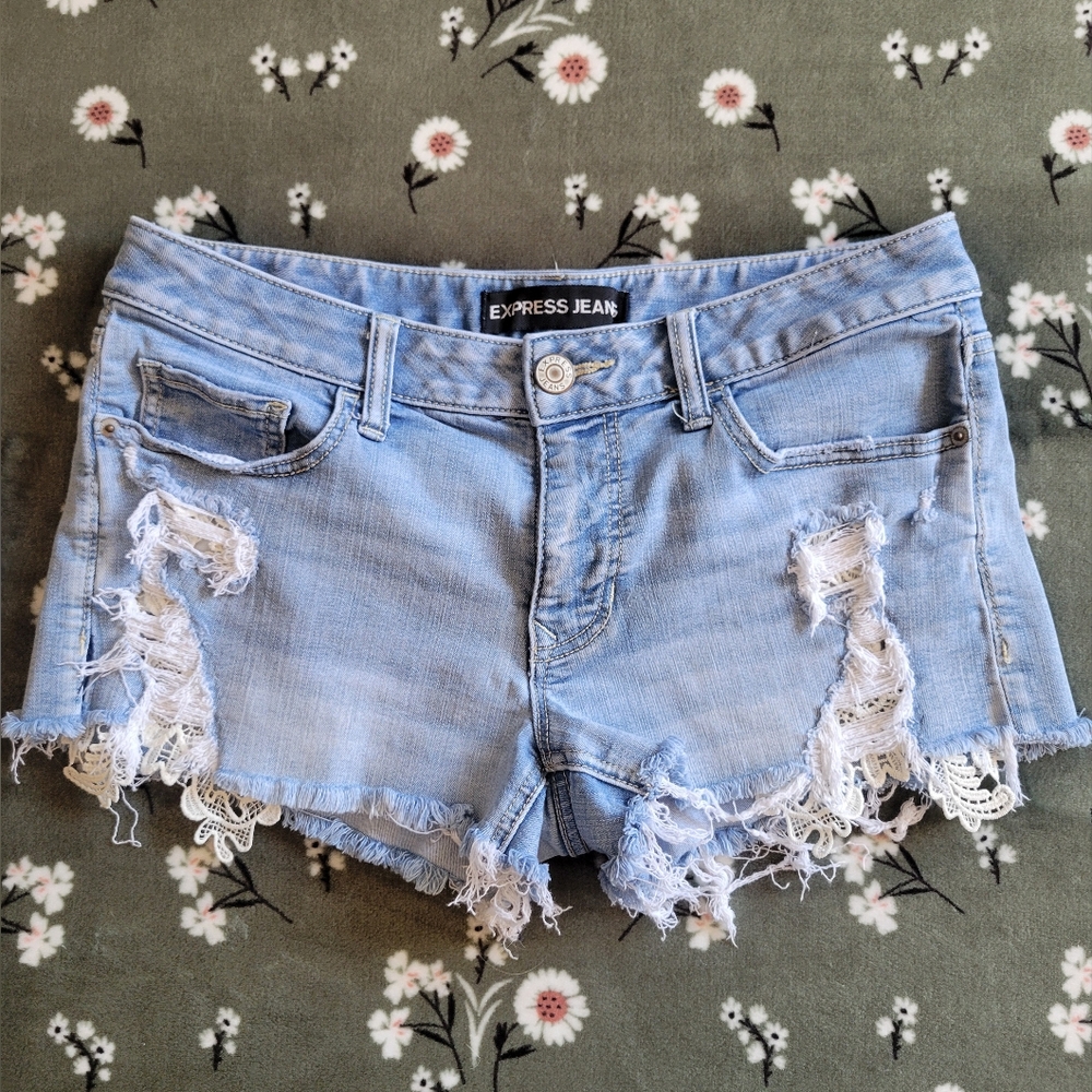 Express Women's Light Blue Distressed Shorts Size 6